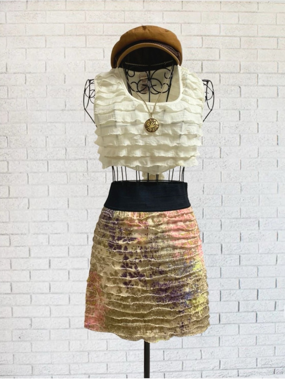 Skirt 90's Ruffle XS Express Mini Short Boho Bohemian Hipster Polka Dot Green